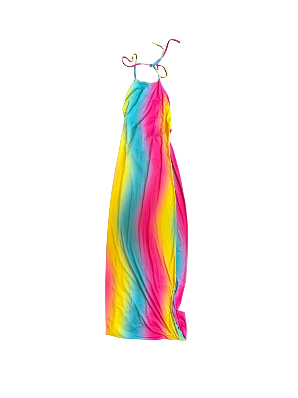 Fashion Nova Rainbow Halter Maxi Dress in Pink, Yellow, Blue